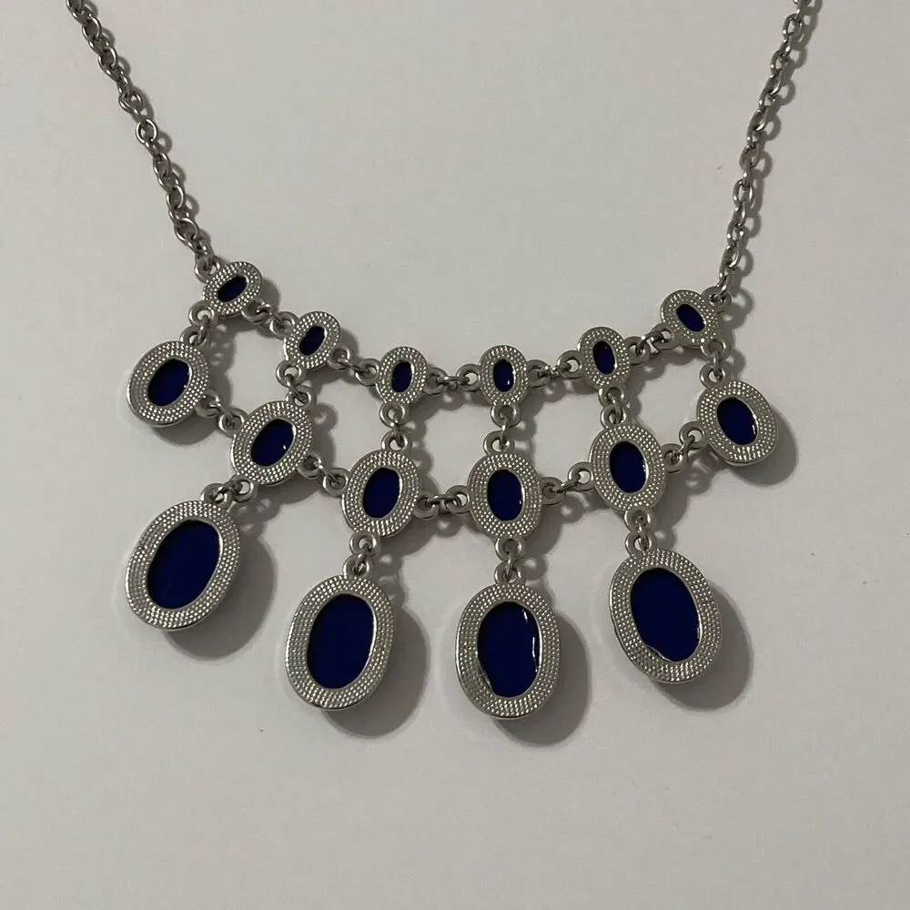 Vintage Silver Tone Metal Blue Plastic Oval Bead Statement Bib Necklace